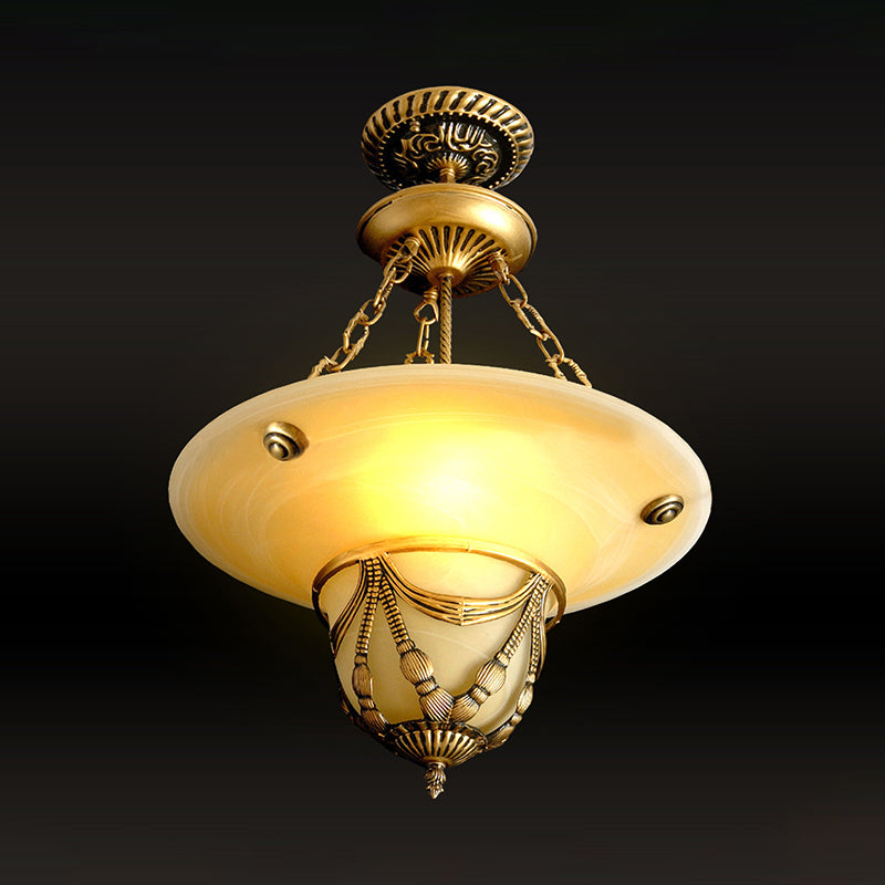 3-Light White Glass Chandelier Traditional Brass Inverted Hat Shaped Living Room Drop Lamp, 12"/16"/19.5" W Clearhalo 'Ceiling Lights' 'Chandeliers' Lighting' options 1972317