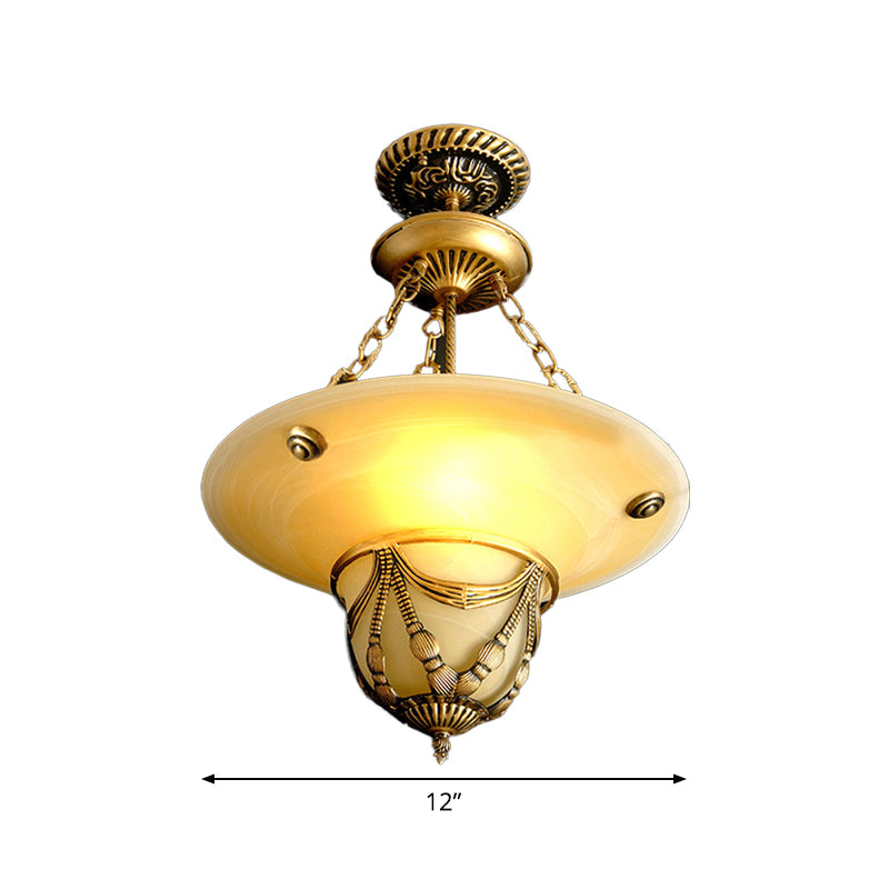 3-Light White Glass Chandelier Traditional Brass Inverted Hat Shaped Living Room Drop Lamp, 12"/16"/19.5" W Clearhalo 'Ceiling Lights' 'Chandeliers' Lighting' options 1972318