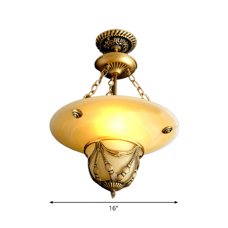 3-Light White Glass Chandelier Traditional Brass Inverted Hat Shaped Living Room Drop Lamp, 12"/16"/19.5" W Clearhalo 'Ceiling Lights' 'Chandeliers' Lighting' options 1972319