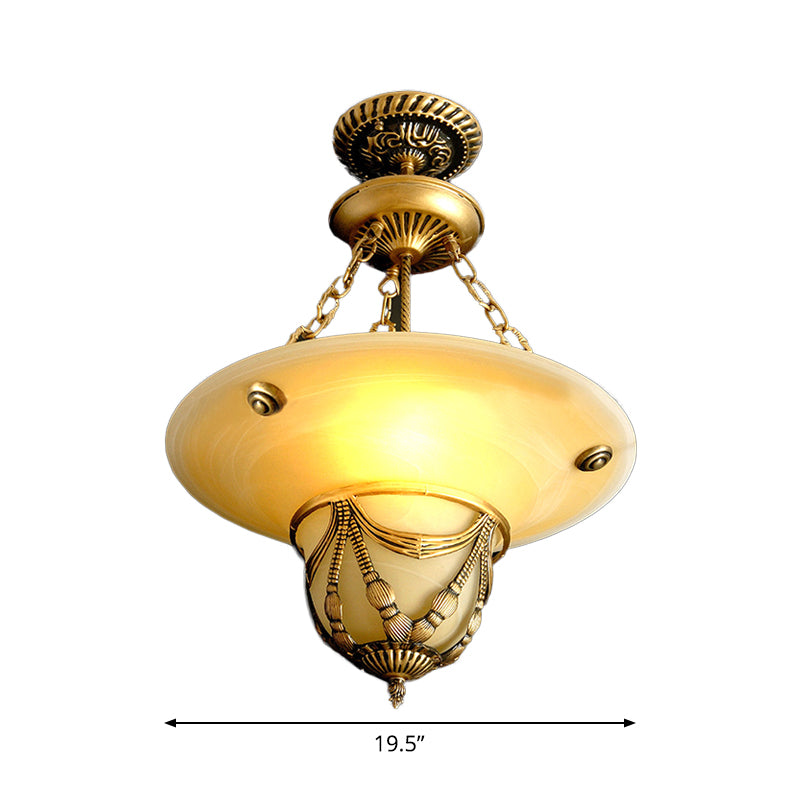 3-Light White Glass Chandelier Traditional Brass Inverted Hat Shaped Living Room Drop Lamp, 12"/16"/19.5" W Clearhalo 'Ceiling Lights' 'Chandeliers' Lighting' options 1972320