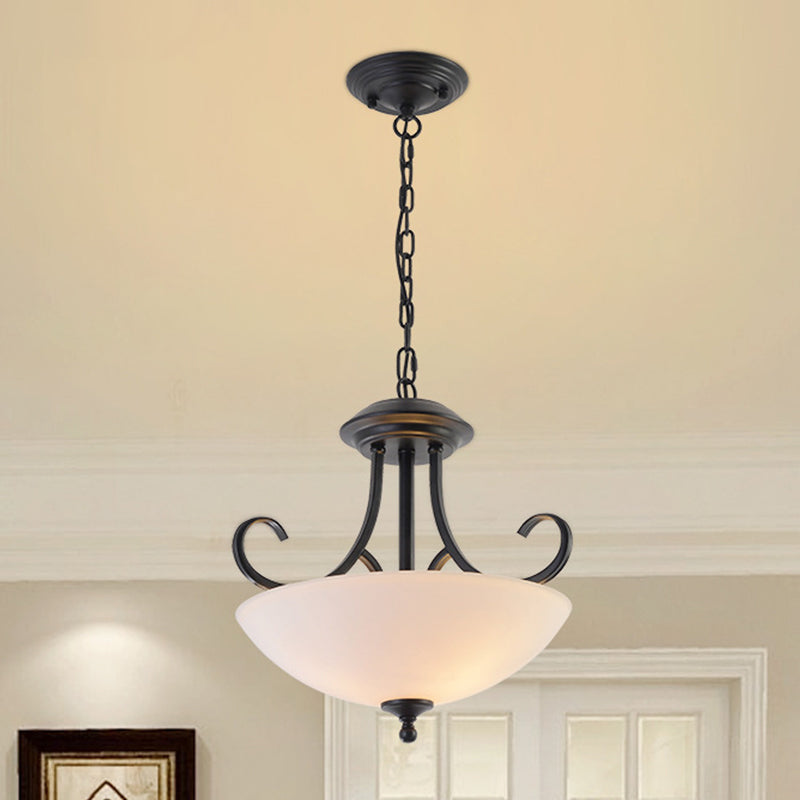 3-Bulb Bowl Pendant Chandelier Classic White Frosted Glass Hanging Light Kit with Scroll Arm Clearhalo 'Ceiling Lights' 'Chandeliers' Lighting' options 1972328