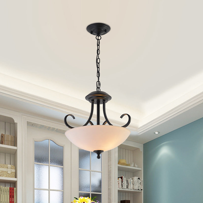 3-Bulb Bowl Pendant Chandelier Classic White Frosted Glass Hanging Light Kit with Scroll Arm Clearhalo 'Ceiling Lights' 'Chandeliers' Lighting' options 1972329