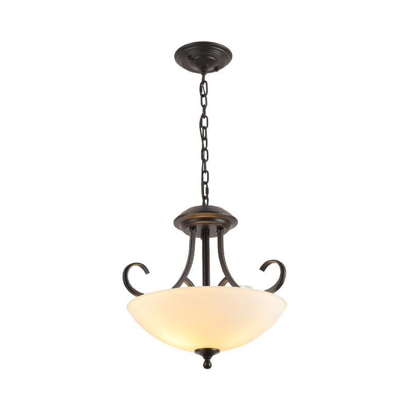 3-Bulb Bowl Pendant Chandelier Classic White Frosted Glass Hanging Light Kit with Scroll Arm Clearhalo 'Ceiling Lights' 'Chandeliers' Lighting' options 1972331