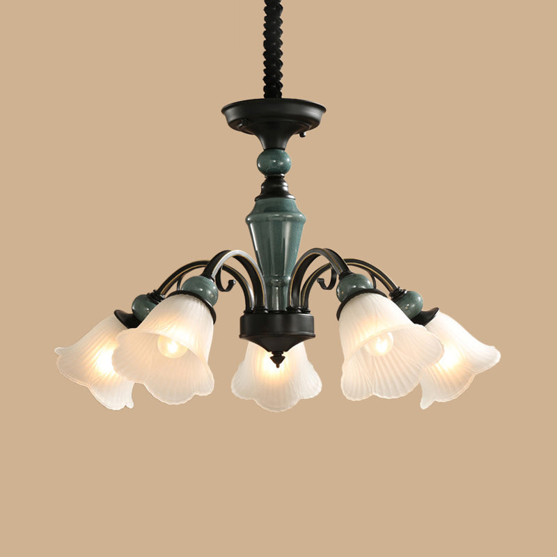 Peacock Green 5/6/8 Bulbs Drop Lamp Rustic Ribbed Frosted Glass Flower Blossom Chandelier Clearhalo 'Ceiling Lights' 'Chandeliers' Lighting' options 1972347