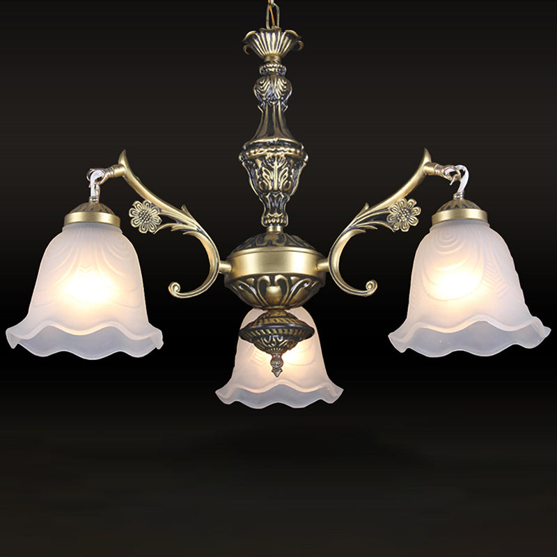 Ruffle Bedroom Hanging Light Kit Traditional Frosted Glass 3-Light Bronze Finish Chandelier Clearhalo 'Ceiling Lights' 'Chandeliers' Lighting' options 1972349