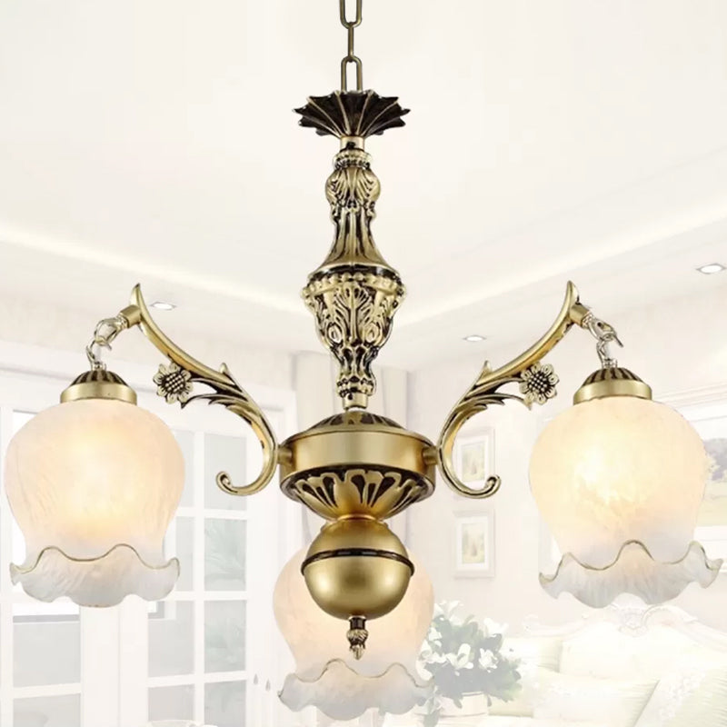 3 Lights Rose Down Chandelier Vintage Antique Bronze/Distressed White Cream Glass Suspension Pendant for Bedroom Clearhalo 'Ceiling Lights' 'Chandeliers' Lighting' options 1972353