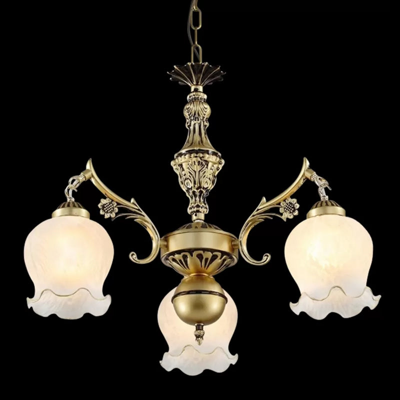 3 Lights Rose Down Chandelier Vintage Antique Bronze/Distressed White Cream Glass Suspension Pendant for Bedroom Clearhalo 'Ceiling Lights' 'Chandeliers' Lighting' options 1972355