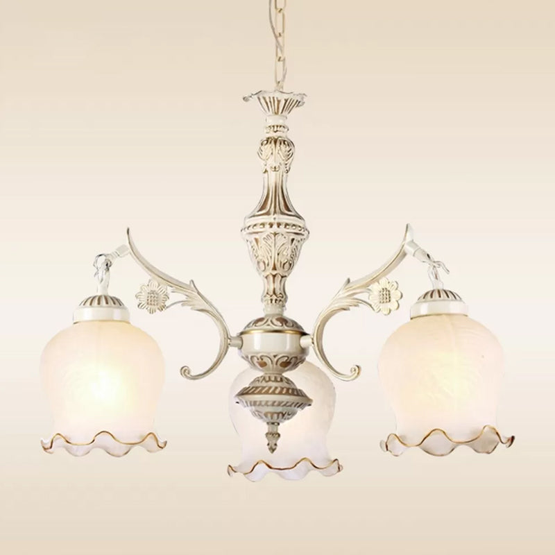 3 Lights Rose Down Chandelier Vintage Antique Bronze/Distressed White Cream Glass Suspension Pendant for Bedroom Clearhalo 'Ceiling Lights' 'Chandeliers' Lighting' options 1972358