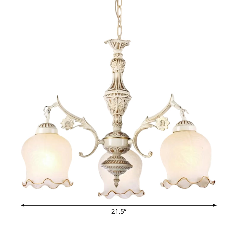 3 Lights Rose Down Chandelier Vintage Antique Bronze/Distressed White Cream Glass Suspension Pendant for Bedroom Clearhalo 'Ceiling Lights' 'Chandeliers' Lighting' options 1972359