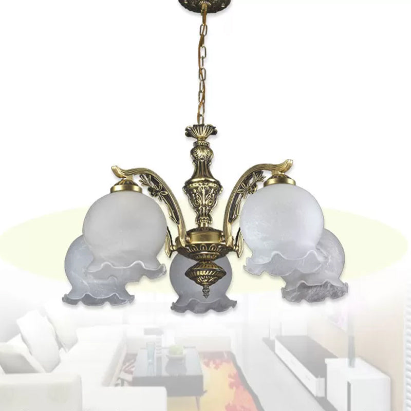 Retro Dome Shade Chandelier 5-Bulb White Glass Hanging Pendant Light with Ruffled Trim in Bronze White Clearhalo 'Ceiling Lights' 'Chandeliers' Lighting' options 1972364_7cd277fc-9756-4788-86aa-ec7e9405147b