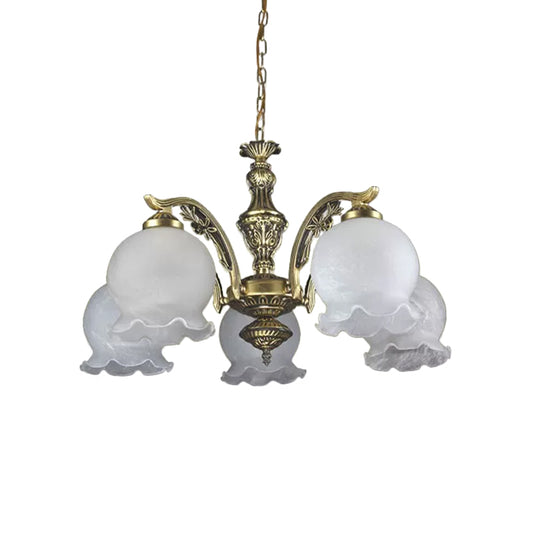 Retro Dome Shade Chandelier 5-Bulb White Glass Hanging Pendant Light with Ruffled Trim in Bronze Clearhalo 'Ceiling Lights' 'Chandeliers' Lighting' options 1972365