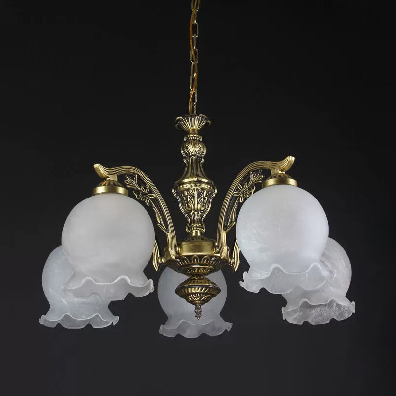 Retro Dome Shade Chandelier 5-Bulb White Glass Hanging Pendant Light with Ruffled Trim in Bronze Clearhalo 'Ceiling Lights' 'Chandeliers' Lighting' options 1972366