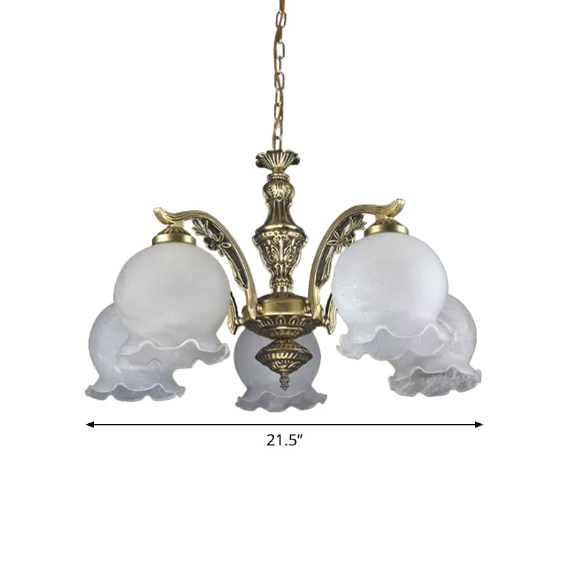 Retro Dome Shade Chandelier 5-Bulb White Glass Hanging Pendant Light with Ruffled Trim in Bronze Clearhalo 'Ceiling Lights' 'Chandeliers' Lighting' options 1972367