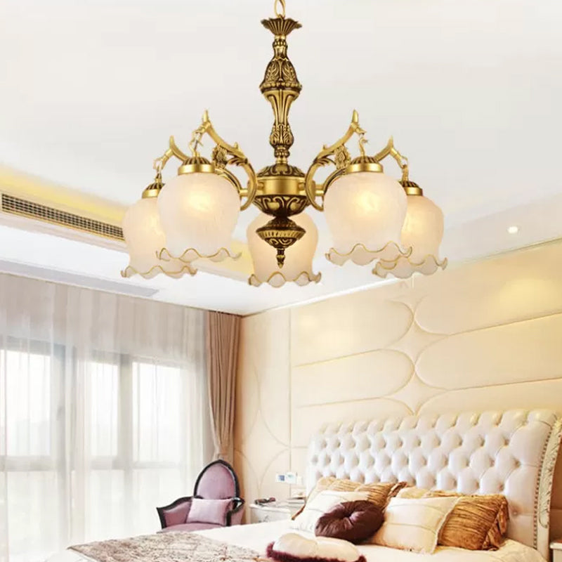 Milky Glass Bronze Suspension Light Semi-Bloom Flower 5-Light Traditional Chandelier Clearhalo 'Ceiling Lights' 'Chandeliers' Lighting' options 1972368