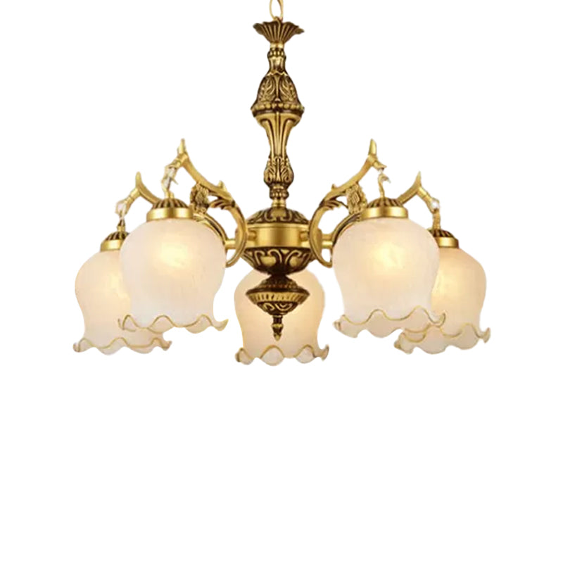 Milky Glass Bronze Suspension Light Semi-Bloom Flower 5-Light Traditional Chandelier Clearhalo 'Ceiling Lights' 'Chandeliers' Lighting' options 1972369