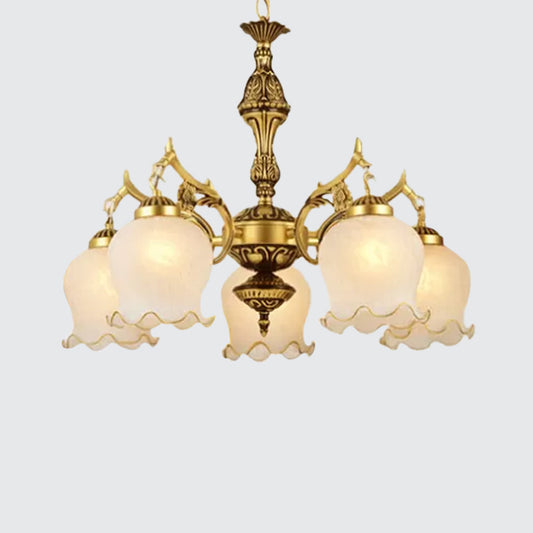 Milky Glass Bronze Suspension Light Semi-Bloom Flower 5-Light Traditional Chandelier Clearhalo 'Ceiling Lights' 'Chandeliers' Lighting' options 1972370