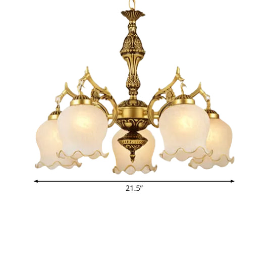 Milky Glass Bronze Suspension Light Semi-Bloom Flower 5-Light Traditional Chandelier Clearhalo 'Ceiling Lights' 'Chandeliers' Lighting' options 1972371