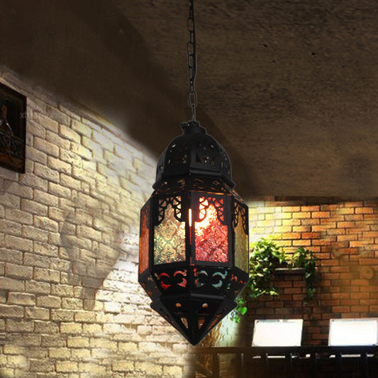 Moroccan Censer Ceiling Hanging Lantern 1-Light Stained Glass Down Lighting Pendant in Black Clearhalo 'Ceiling Lights' 'Pendant Lights' 'Pendants' Lighting' 1972395