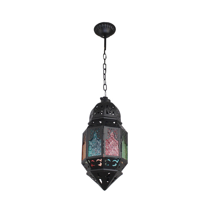 Moroccan Censer Ceiling Hanging Lantern 1-Light Stained Glass Down Lighting Pendant in Black Clearhalo 'Ceiling Lights' 'Pendant Lights' 'Pendants' Lighting' 1972398