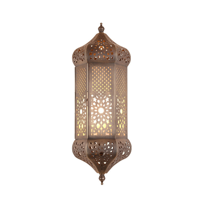 Antiqued Brass Hollow-out Wall Light Turkish Iron 1 Bulb Living Room Lantern Wall Sconce Clearhalo 'Wall Lamps & Sconces' 'Wall Lights' Lighting' 1972402