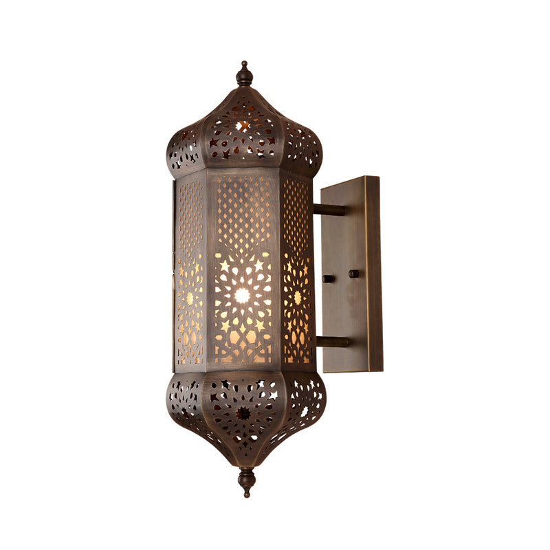 Antiqued Brass Hollow-out Wall Light Turkish Iron 1 Bulb Living Room Lantern Wall Sconce Clearhalo 'Wall Lamps & Sconces' 'Wall Lights' Lighting' 1972403