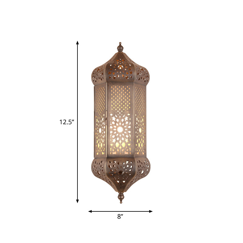 Antiqued Brass Hollow-out Wall Light Turkish Iron 1 Bulb Living Room Lantern Wall Sconce Clearhalo 'Wall Lamps & Sconces' 'Wall Lights' Lighting' 1972404