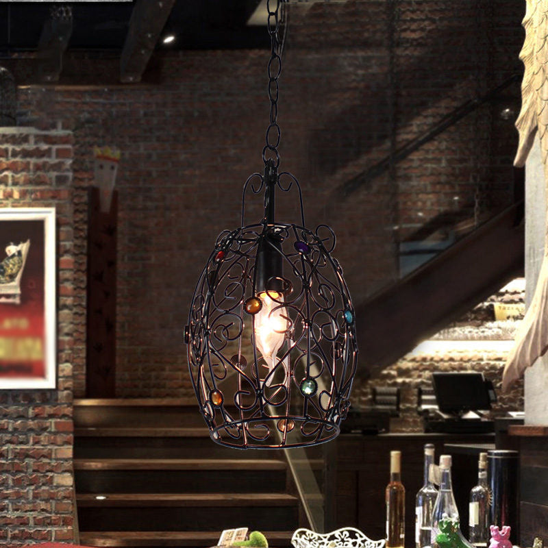 Barrel/Lantern/Scalloped Restaurant Pendant Rustic Iron 1 Light Black Hanging Ceiling Light with Colorful Bead Decor Clearhalo 'Ceiling Lights' 'Pendant Lights' 'Pendants' Lighting' 1972410