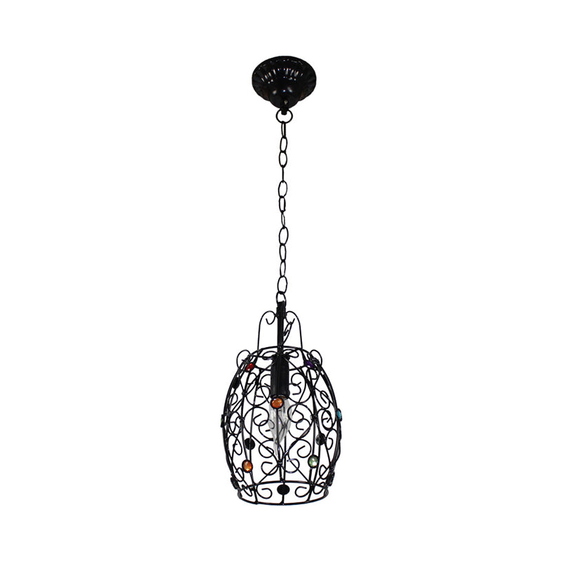 Barrel/Lantern/Scalloped Restaurant Pendant Rustic Iron 1 Light Black Hanging Ceiling Light with Colorful Bead Decor Clearhalo 'Ceiling Lights' 'Pendant Lights' 'Pendants' Lighting' 1972413