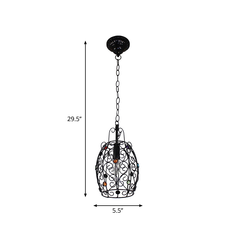 Barrel/Lantern/Scalloped Restaurant Pendant Rustic Iron 1 Light Black Hanging Ceiling Light with Colorful Bead Decor Clearhalo 'Ceiling Lights' 'Pendant Lights' 'Pendants' Lighting' 1972414