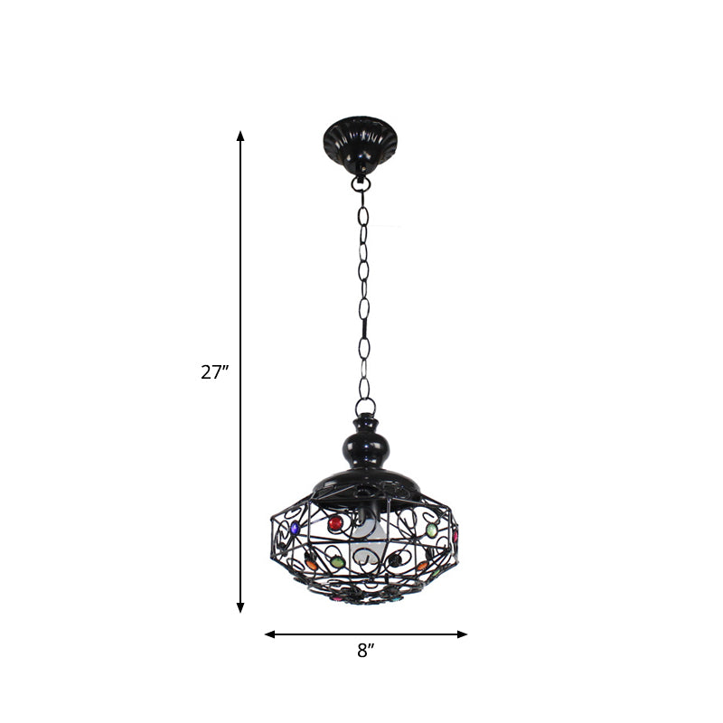 Barrel/Lantern/Scalloped Restaurant Pendant Rustic Iron 1 Light Black Hanging Ceiling Light with Colorful Bead Decor Clearhalo 'Ceiling Lights' 'Pendant Lights' 'Pendants' Lighting' 1972418