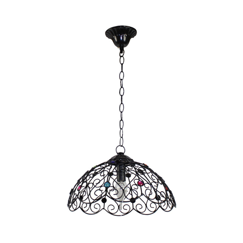 Barrel/Lantern/Scalloped Restaurant Pendant Rustic Iron 1 Light Black Hanging Ceiling Light with Colorful Bead Decor Clearhalo 'Ceiling Lights' 'Pendant Lights' 'Pendants' Lighting' 1972420