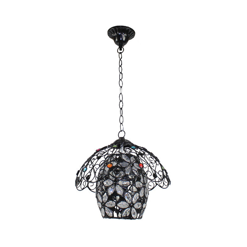 Barrel/Lantern/Scalloped Restaurant Pendant Rustic Iron 1 Light Black Hanging Ceiling Light with Colorful Bead Decor Clearhalo 'Ceiling Lights' 'Pendant Lights' 'Pendants' Lighting' 1972426