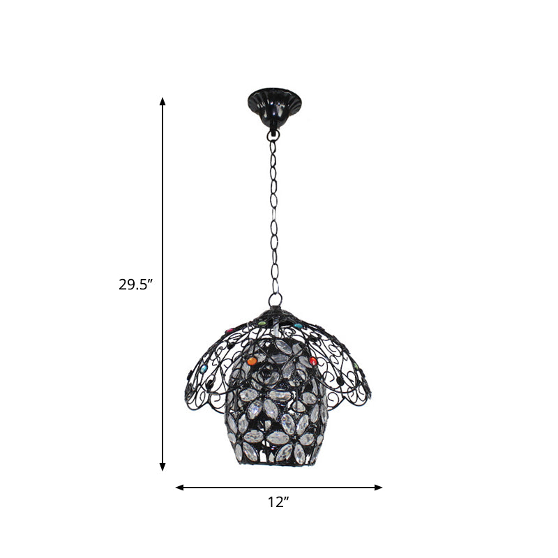 Barrel/Lantern/Scalloped Restaurant Pendant Rustic Iron 1 Light Black Hanging Ceiling Light with Colorful Bead Decor Clearhalo 'Ceiling Lights' 'Pendant Lights' 'Pendants' Lighting' 1972427