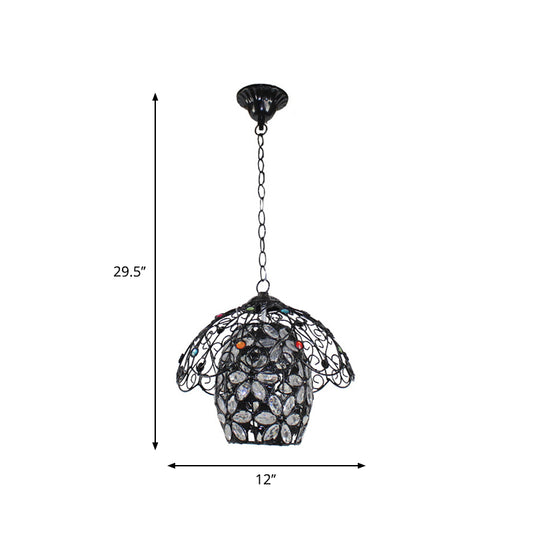 Barrel/Lantern/Scalloped Restaurant Pendant Rustic Iron 1 Light Black Hanging Ceiling Light with Colorful Bead Decor Clearhalo 'Ceiling Lights' 'Pendant Lights' 'Pendants' Lighting' 1972427