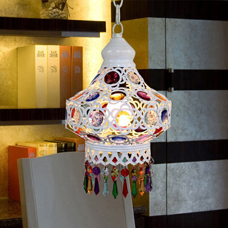 1-Bulb Beaded Pear Shaped Pendant Lamp Arabic Style White Metal Hanging Light Fixture with Fringe Trim, 7"/18"/23.5" Wide White Clearhalo 'Ceiling Lights' 'Pendant Lights' 'Pendants' Lighting' 1972428_2c3ecae0-6751-4ac2-962c-f36b682b680a