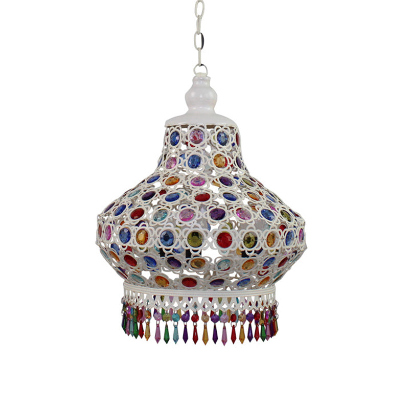 1-Bulb Beaded Pear Shaped Pendant Lamp Arabic Style White Metal Hanging Light Fixture with Fringe Trim, 7"/18"/23.5" Wide Clearhalo 'Ceiling Lights' 'Pendant Lights' 'Pendants' Lighting' 1972429