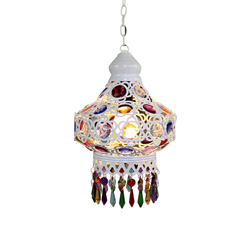 1-Bulb Beaded Pear Shaped Pendant Lamp Arabic Style White Metal Hanging Light Fixture with Fringe Trim, 7"/18"/23.5" Wide Clearhalo 'Ceiling Lights' 'Pendant Lights' 'Pendants' Lighting' 1972430