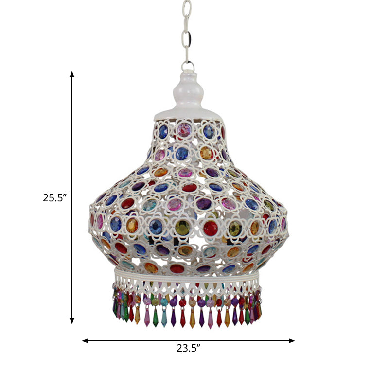 1-Bulb Beaded Pear Shaped Pendant Lamp Arabic Style White Metal Hanging Light Fixture with Fringe Trim, 7"/18"/23.5" Wide Clearhalo 'Ceiling Lights' 'Pendant Lights' 'Pendants' Lighting' 1972431