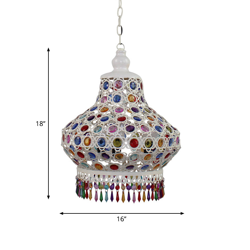 1-Bulb Beaded Pear Shaped Pendant Lamp Arabic Style White Metal Hanging Light Fixture with Fringe Trim, 7"/18"/23.5" Wide Clearhalo 'Ceiling Lights' 'Pendant Lights' 'Pendants' Lighting' 1972432