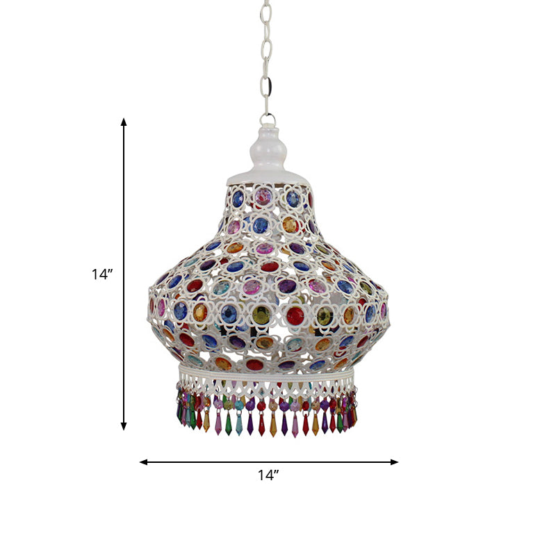 1-Bulb Beaded Pear Shaped Pendant Lamp Arabic Style White Metal Hanging Light Fixture with Fringe Trim, 7"/18"/23.5" Wide Clearhalo 'Ceiling Lights' 'Pendant Lights' 'Pendants' Lighting' 1972433