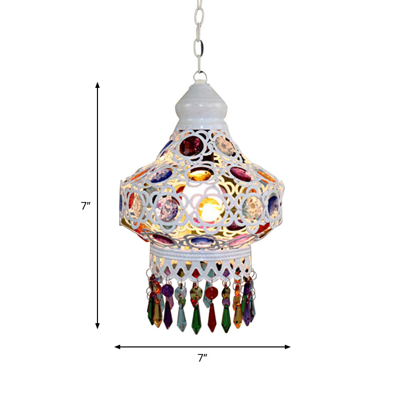 1-Bulb Beaded Pear Shaped Pendant Lamp Arabic Style White Metal Hanging Light Fixture with Fringe Trim, 7"/18"/23.5" Wide Clearhalo 'Ceiling Lights' 'Pendant Lights' 'Pendants' Lighting' 1972434