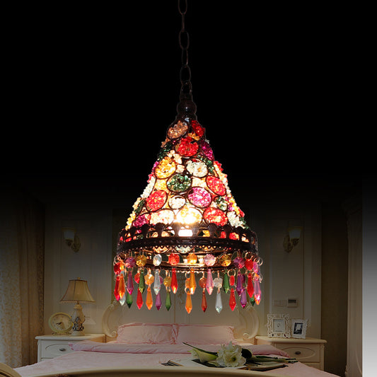 1 Head Ceiling Pendant Bohemian Bedroom Hanging Lamp with Cone/Gyro Stained Glass Shade in Copper Clearhalo 'Ceiling Lights' 'Pendant Lights' 'Pendants' Lighting' 1972438