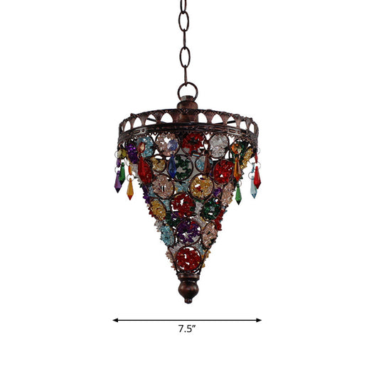 1 Head Ceiling Pendant Bohemian Bedroom Hanging Lamp with Cone/Gyro Stained Glass Shade in Copper Clearhalo 'Ceiling Lights' 'Pendant Lights' 'Pendants' Lighting' 1972443
