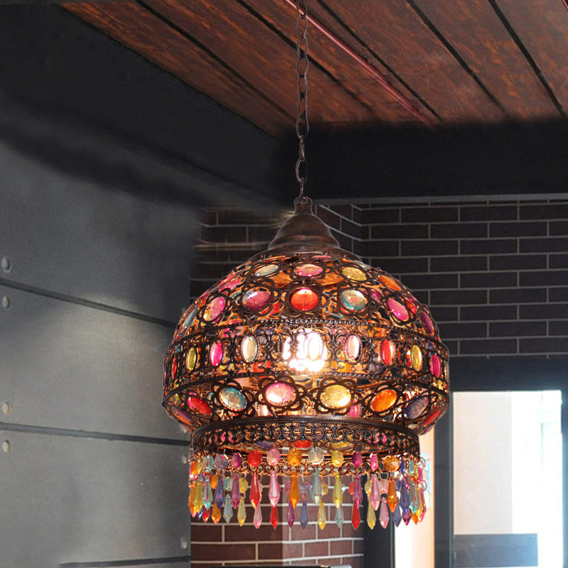 Bohemian Dome/Cylinder Pendulum Light Single-Bulb Stained Glass Ceiling Suspension Lamp in Copper with Fringe Clearhalo 'Ceiling Lights' 'Pendant Lights' 'Pendants' Lighting' 1972453