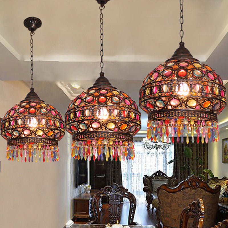 Bohemian Dome/Cylinder Pendulum Light Single-Bulb Stained Glass Ceiling Suspension Lamp in Copper with Fringe Clearhalo 'Ceiling Lights' 'Pendant Lights' 'Pendants' Lighting' 1972455