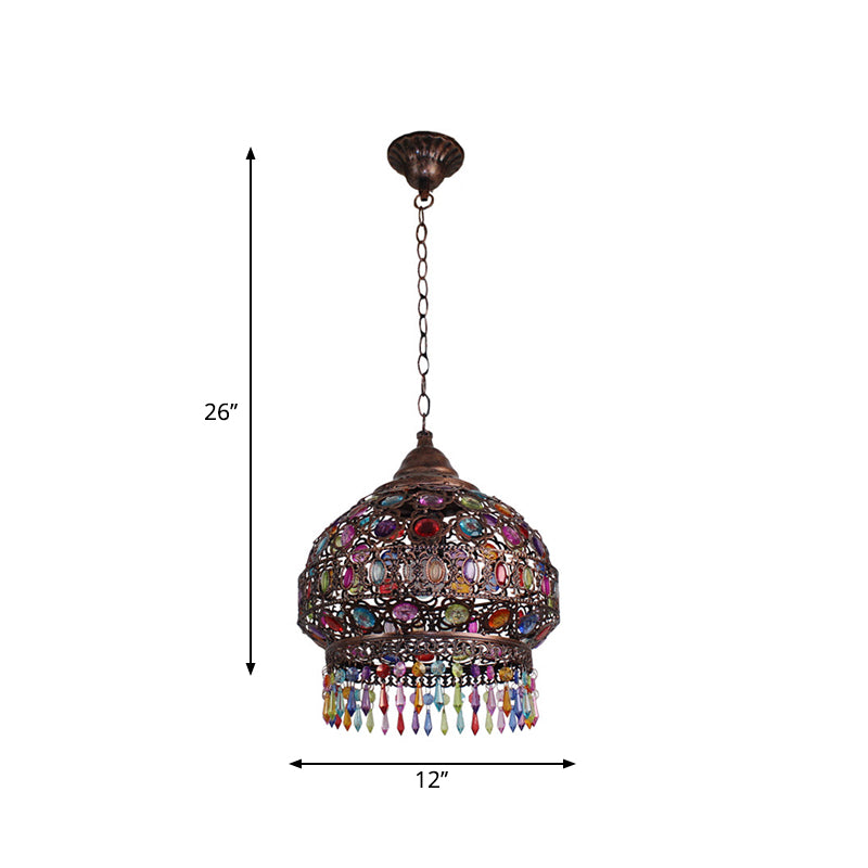 Bohemian Dome/Cylinder Pendulum Light Single-Bulb Stained Glass Ceiling Suspension Lamp in Copper with Fringe Clearhalo 'Ceiling Lights' 'Pendant Lights' 'Pendants' Lighting' 1972457