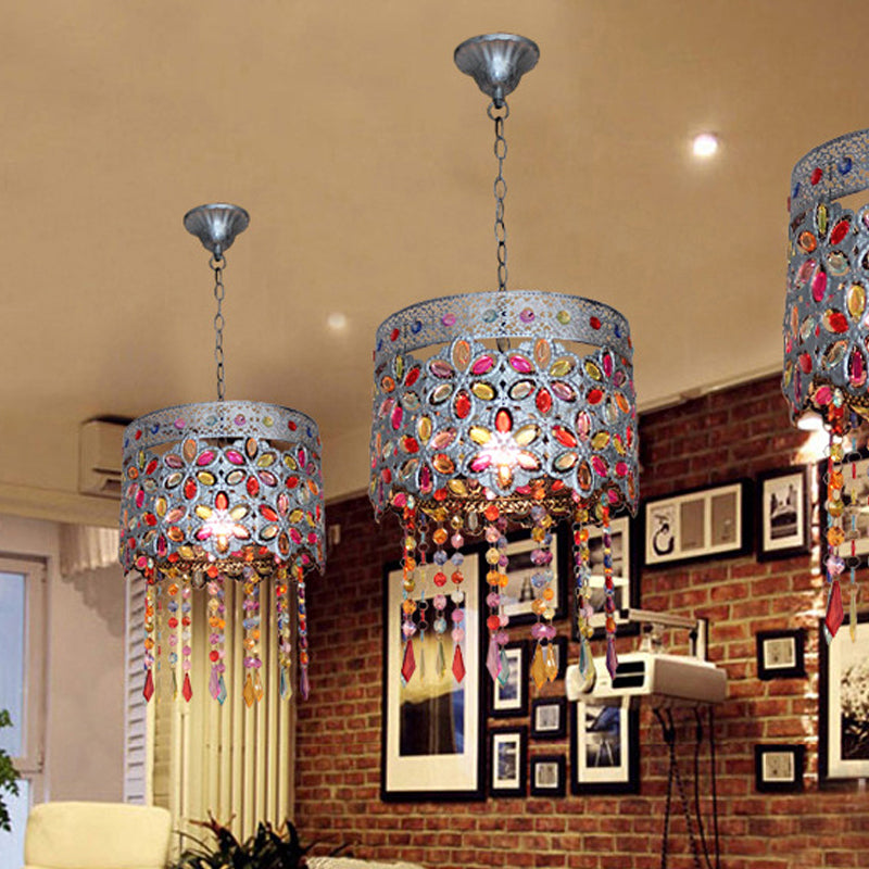 Bohemian Dome/Cylinder Pendulum Light Single-Bulb Stained Glass Ceiling Suspension Lamp in Copper with Fringe Clearhalo 'Ceiling Lights' 'Pendant Lights' 'Pendants' Lighting' 1972458