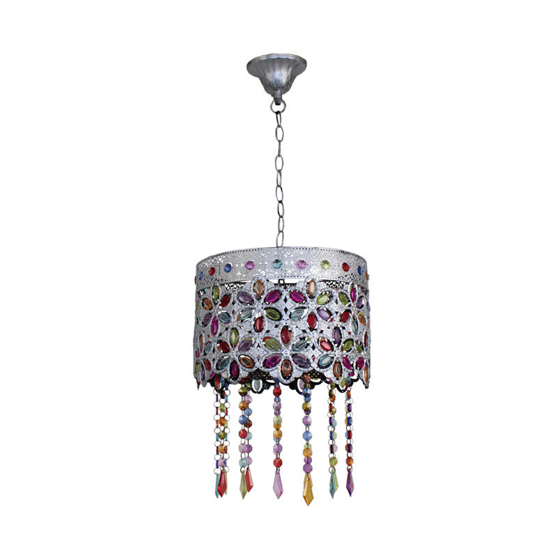 Bohemian Dome/Cylinder Pendulum Light Single-Bulb Stained Glass Ceiling Suspension Lamp in Copper with Fringe Clearhalo 'Ceiling Lights' 'Pendant Lights' 'Pendants' Lighting' 1972459