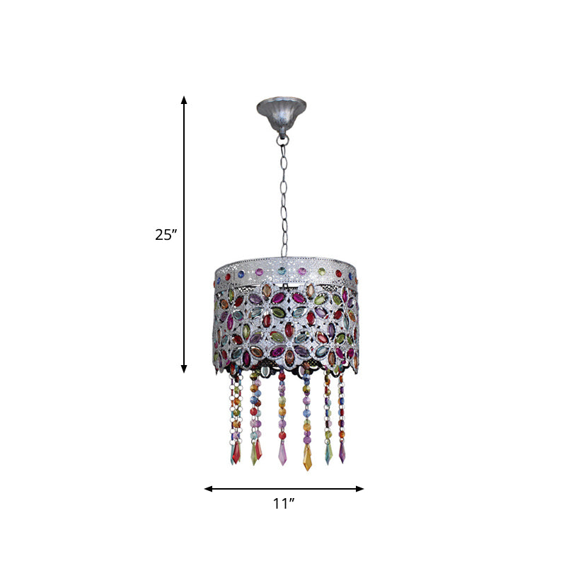 Bohemian Dome/Cylinder Pendulum Light Single-Bulb Stained Glass Ceiling Suspension Lamp in Copper with Fringe Clearhalo 'Ceiling Lights' 'Pendant Lights' 'Pendants' Lighting' 1972460