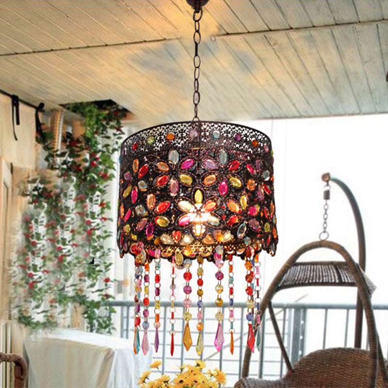 Bohemian Dome/Cylinder Pendulum Light Single-Bulb Stained Glass Ceiling Suspension Lamp in Copper with Fringe Clearhalo 'Ceiling Lights' 'Pendant Lights' 'Pendants' Lighting' 1972461